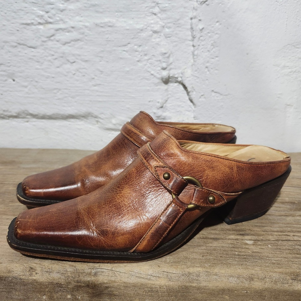 Charlie 1 Horse Brown Leather Western Harness Mules Square Toe Block Heel 9B 40